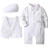 A&J DESIGN 4pcs Baby Boys Suit, 3 Months - 18 Months, Gentleman Romper & Vest & Berets Hat & Bow Tie