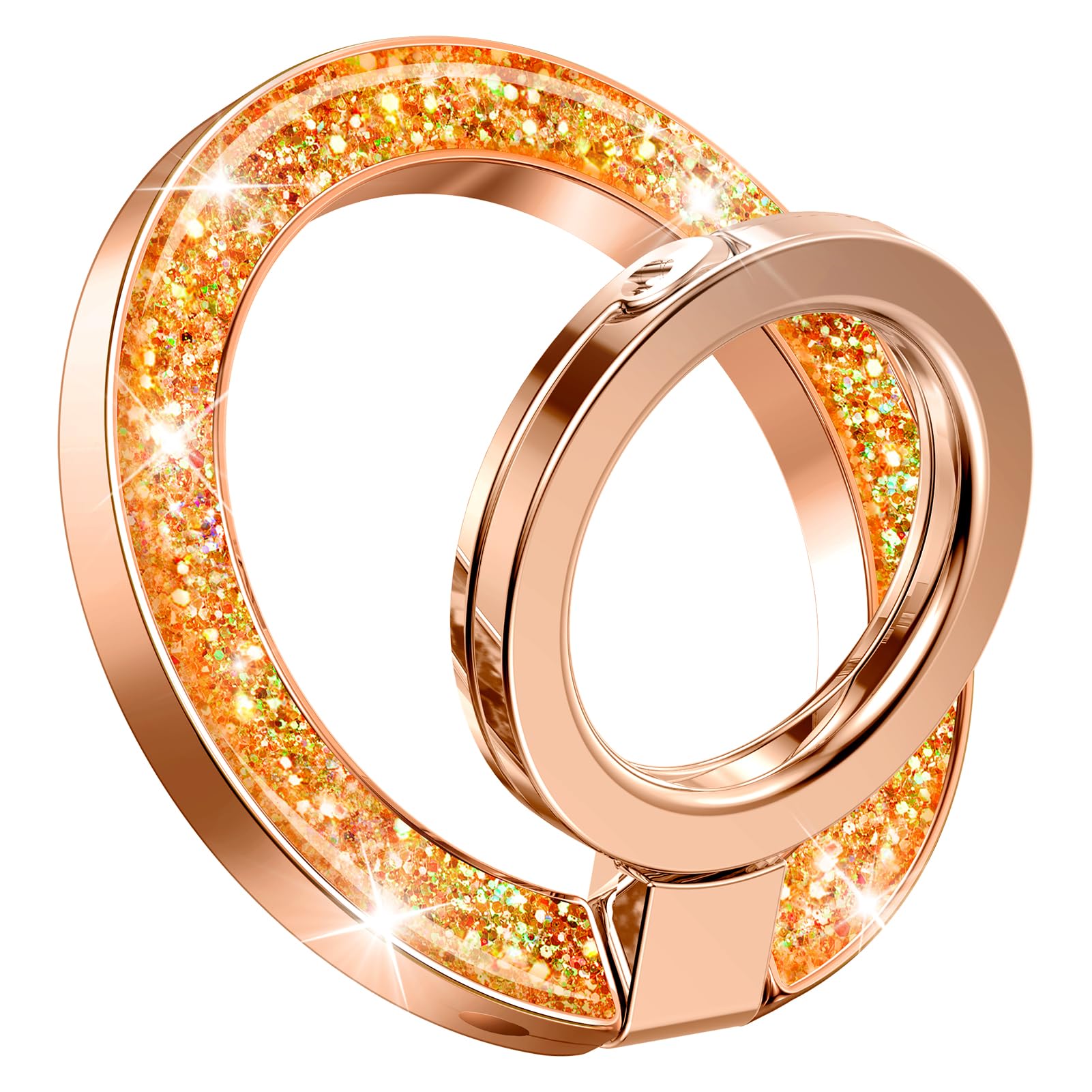 GVIEWIN Magnetic Phone Ring Holder, Compatible with MagSafe Phone Grip with Adjustable Stand, Magnet Phone Ring Kickstand for iPhone 17/16/15/14/13/12 Pro Max Plus Air/Other Phones (Glitter/Orange)