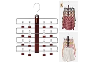 HOUSE DAY Skirt Hangers Space Saving 2 Pack, Double Row 4-Tier Non-Slip Hangers with Clips for Skirts, Shorts, and Pants - Lotus Wood Clip Hanger for Women - Closet Organizers and Storage (Mahogany)