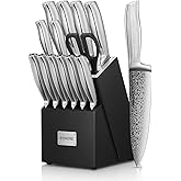 Knife Set, FOHERE 14 Pieces Kitchen Knife Set with Built-in 5 x Sharpeners, Waved Texture Knife Set with Block, Stainless Steel Knife Block Set, Sharp Knives Set with Ergonomic Handle