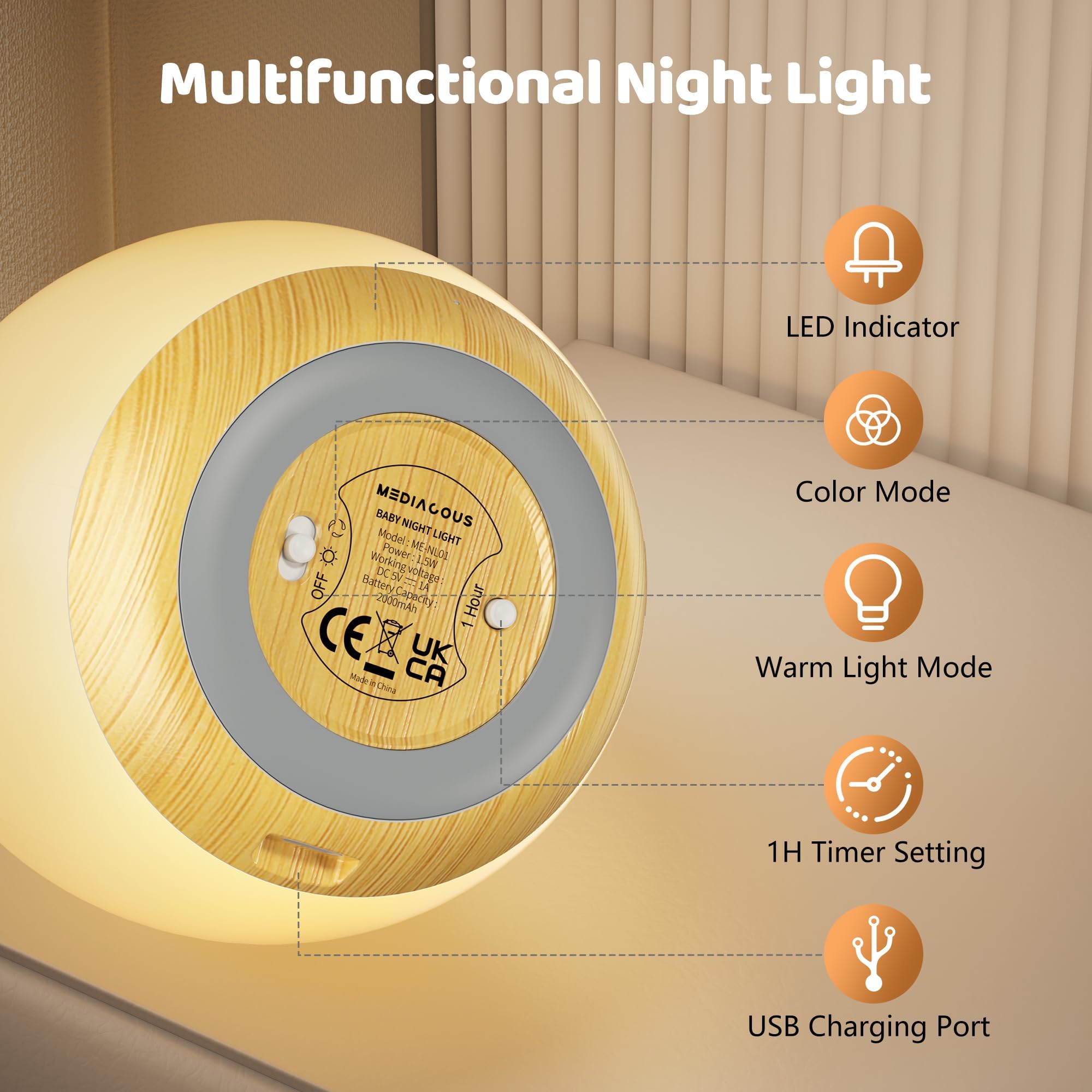MediAcous Night Lights for Kids Room, Baby Night Light with 7 Colors Changing & Dimming Function, Rechargeable Kids Night Light with 1 Hour Timer & Touch Control, Up to 100H, Wood Grain