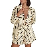 Tankaneo Womens Striped 2 Piece Outfits Button Down Shirts and Shorts Lounge Matching Sets