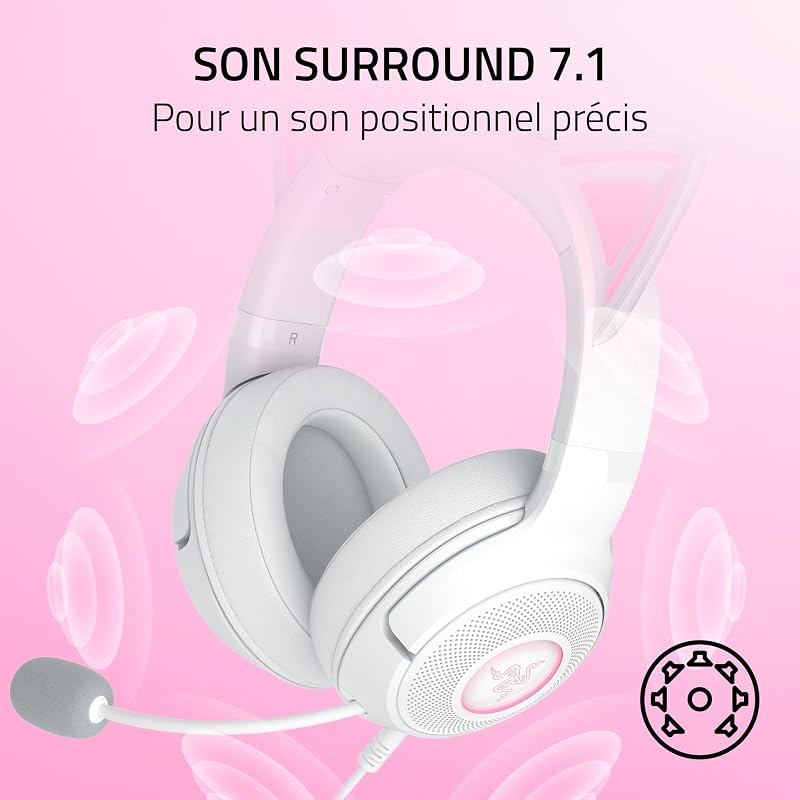 Kraken Kitty V2 - Casque Filaire RGB avec Kitty Ears pour Le Jeu et Le Streaming (325 g, Triforce 40 mm Drivers, HyperClear Cardioid Mic, Surround Sound) Blanc