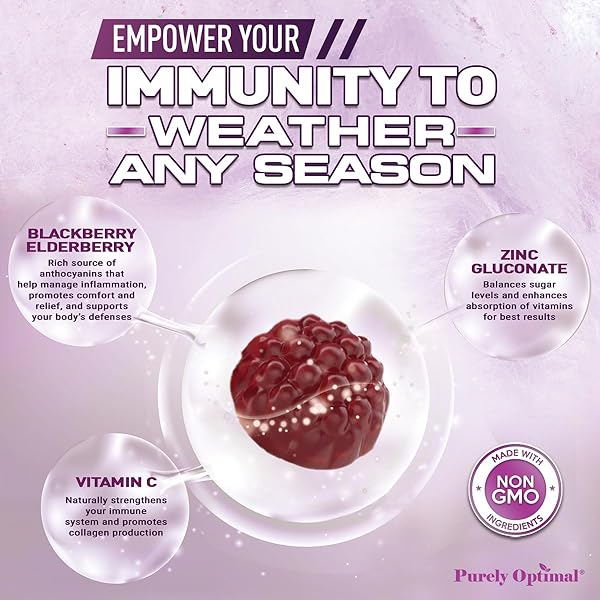 PURELY OPTIMAL ELDERBERRY GUMMIES – IMMUNE SUPPORT SUPPLEMENT WITH VITAMIN C & ZINC, ORGANIC BLACK ELDERBERRY EXTRACT, VEGAN, NON-GMO, GLUTEN-FREE, 60 COUNT