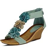 PATRIZIA Women's HARLEQUIN Ankle Strap T-Strap Wedge Sandals - Floral Design, Cushioned Insole, Back Zipper