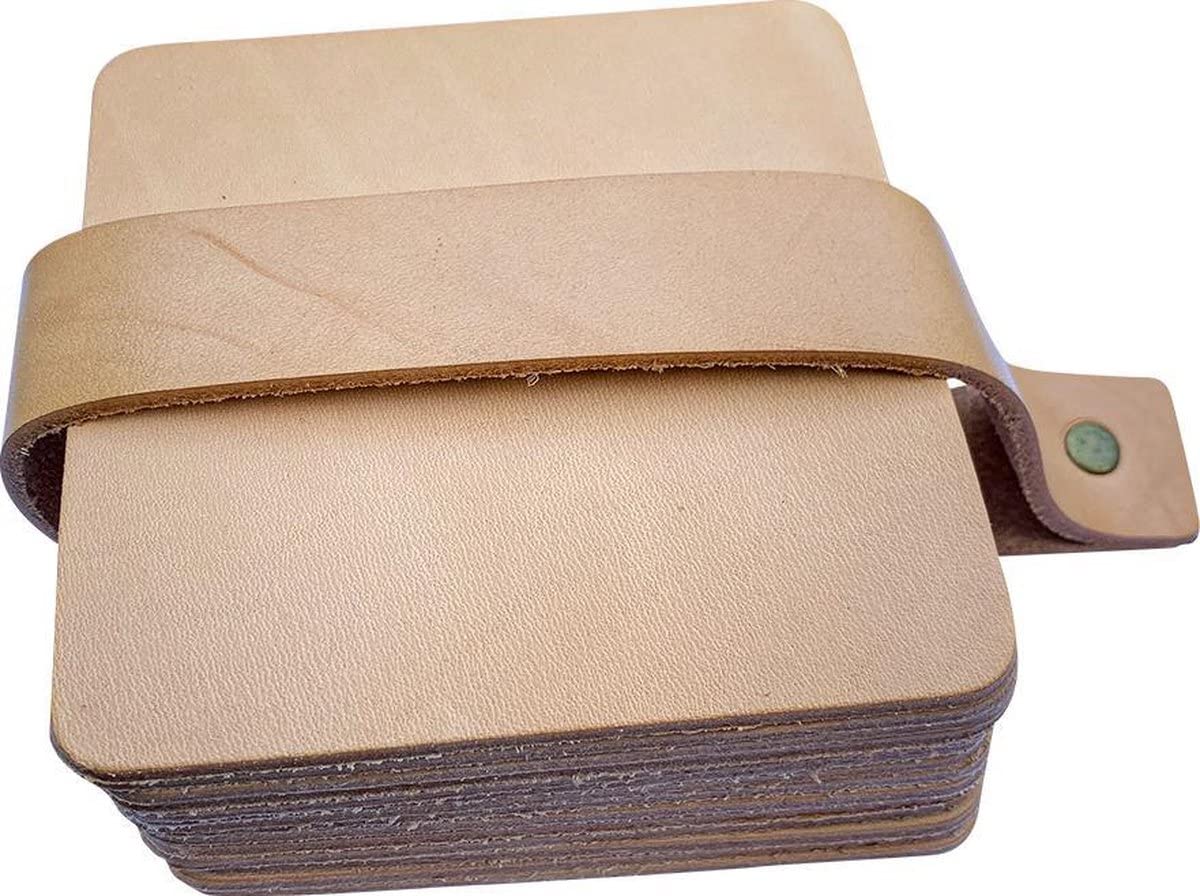 Brute Strength - Full grain leather coasters - Natural - Square - 14 pcs - Square coaster for glass - Coasters for drinks - includes holder