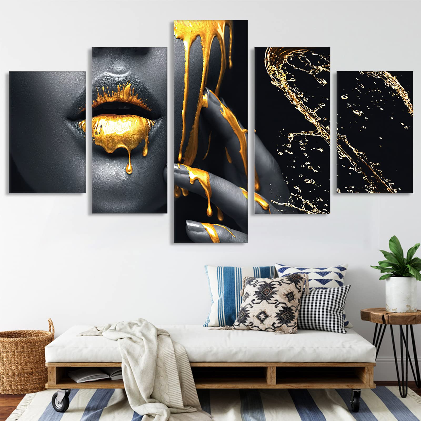 Modern Art Canvas Picture 5 Pieces Wall Decoration Pictures Agriculture Harvest Landscape Canvas Painting Modern HD Print Tractor Canvas Oil Painting Decor Poster No Frame (Gold Lips, M)