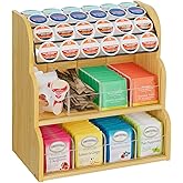 LASZOLA Bamboo Tea Bag Organizer with Metal Coffee Pods Holder, Tea Bag Storage Box Caddy Rack Dispenser Shelf for Tea Bag Or