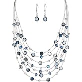Multi-Layer Boho Shell Beaded Necklace for Women Colorful Crystal Strand with Silver Beads Statement Collars Necklace and Earrings Costumes Jewelry Sets for Women