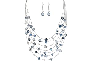 ERRALLY Multi-Layer Boho Shell Beaded Necklace for Women Colorful Crystal Strand with Silver Beads Statement Collars Necklace and Earrings Costumes Jewelry Sets for Women