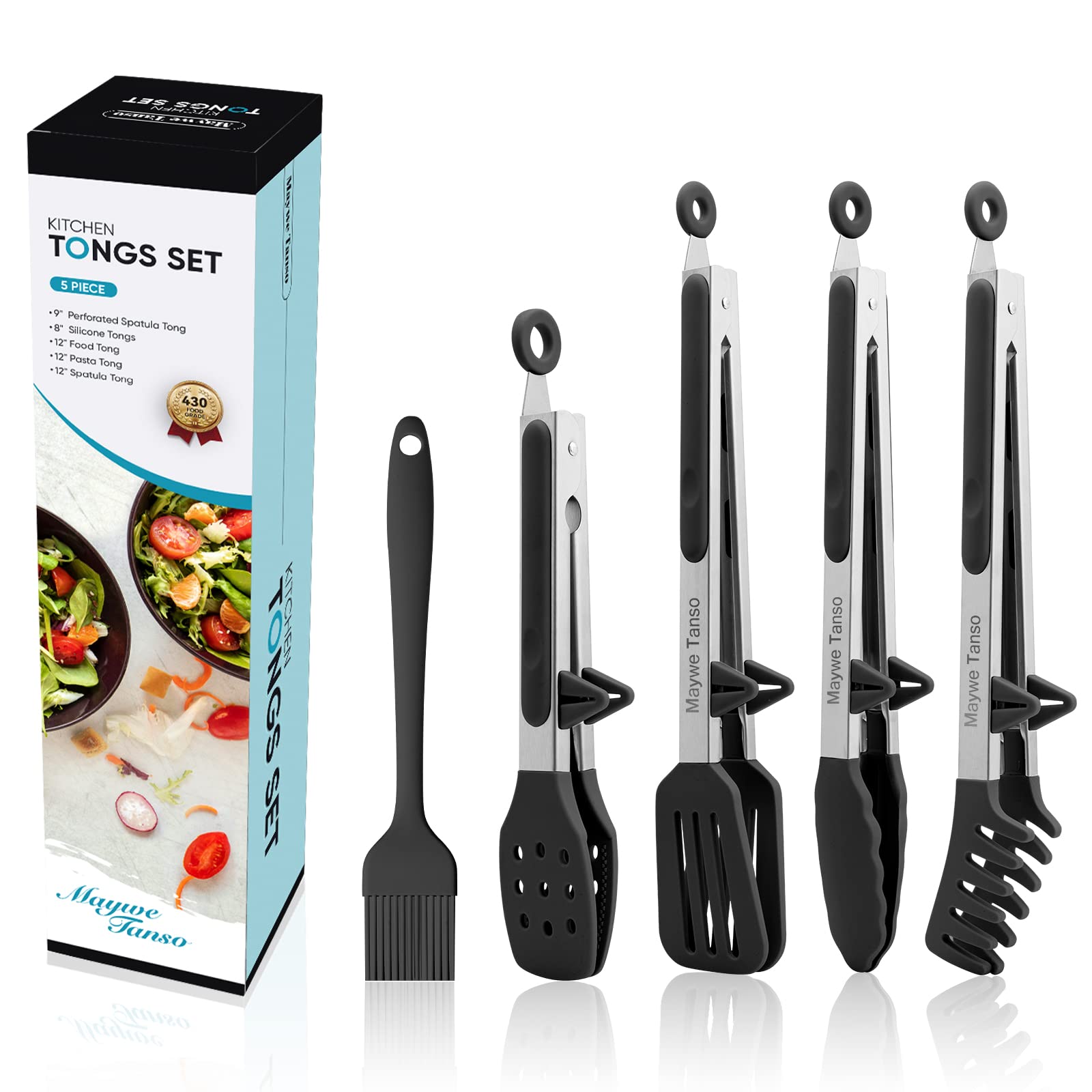 5-Pack Silicone Tongs for Cooking, 4PCS 13-Inch Cooking Kitchen Tongs with Silicone Tips,Nonstick Stainless Steel Tong for Steak Pie Pizza Pasta Spaghetti Salad BBQ Buffet,Plus Brush