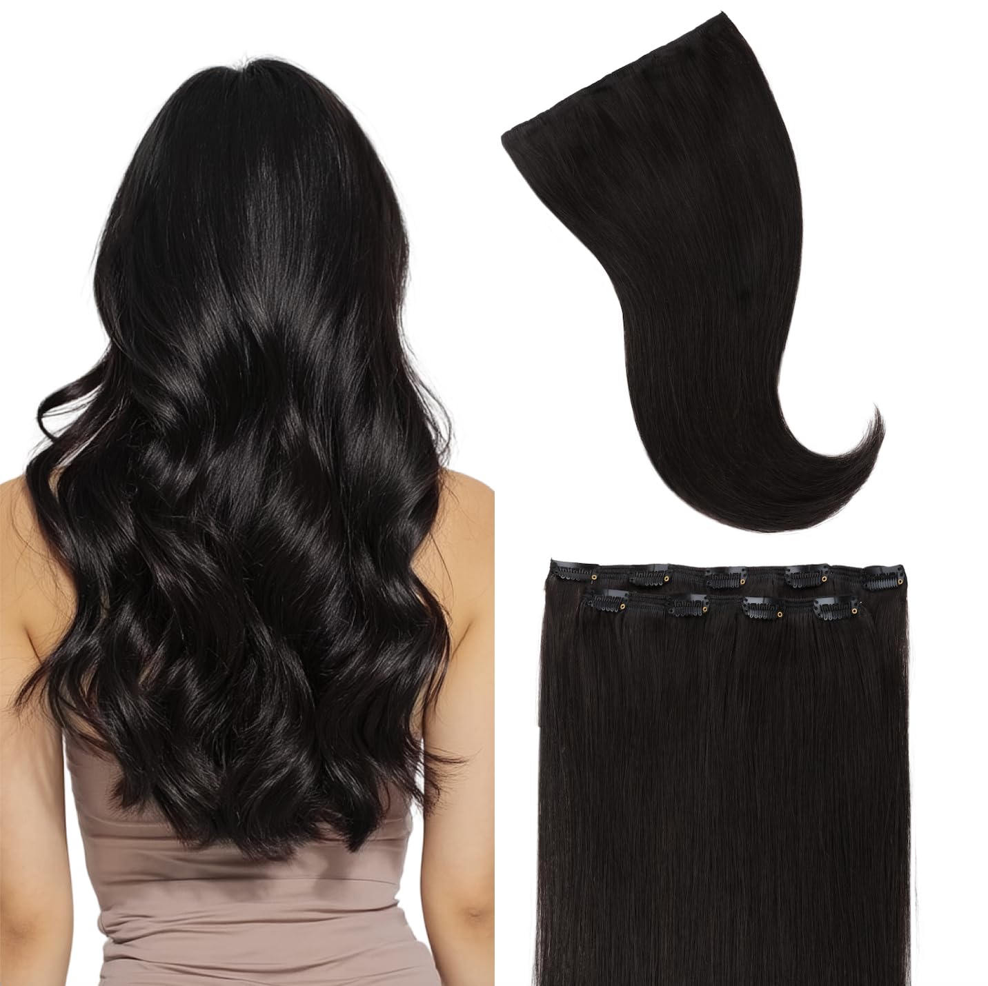 Photo 1 of GOO GOO Clip in Hair Extensions Real Human Hair, Remy Human Hair Extensions Clip ins for Women, Natural Human Hair, 18inch 70g 2Pcs, #1B Natural Black