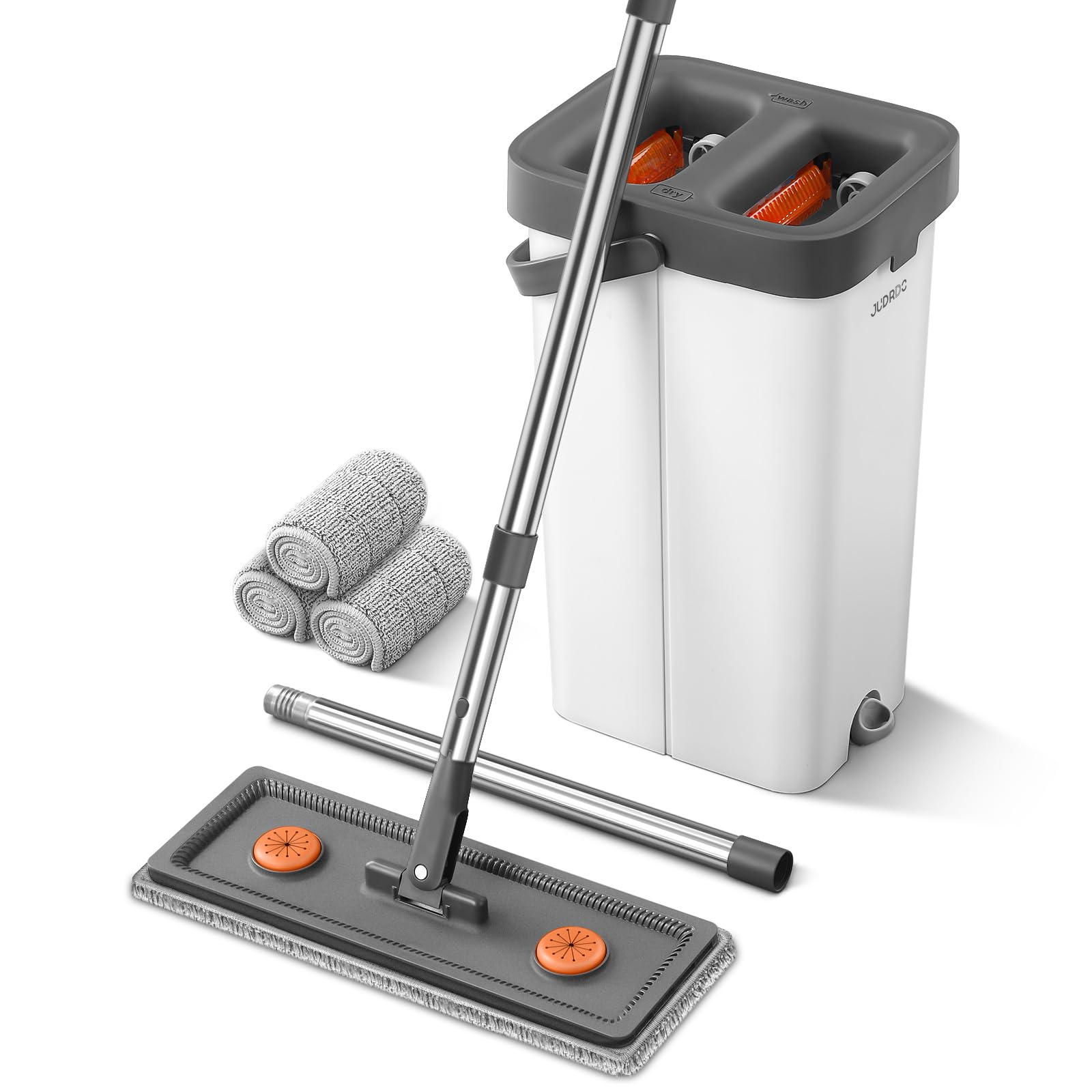 Mop and Bucket with Wringer Set for Home, Flat Mop Bucket Set with 3 Washable Microfiber Pads, Wet and Dry Mop with Long Handle,Wall Cleaner for All Floor Types and Windows