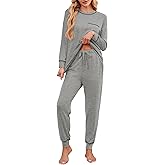 Becotal Soft Cotton Pajamas for Women Set 2 Piece Lounge Set Crewneck Long Sleeve Top and Jogger Pants Loungewear with Pocket