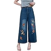 Tozamil Women Wide Leg Jeans High Waist Embroidery Wide Leg Jean Palazzo Pants Casual Loose Denim Pants with Pockets