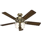 Hunter 52 inch Indoor Ceiling Fan with LED Lights and Pull Chain - Brass Ceiling Fan, Standard Mount, 5 Blades, For Bedroom, 
