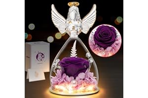 RIANEAN Mothers Day Rose Gifts for Mom Grandma, LED Light Preserved Flower in Glass Angel Figurines, Mom Gifts from Daughter, Mother's Day Roses Gift Ideas for Wife, Womens Angel Purple Rose Gifts on Birthday