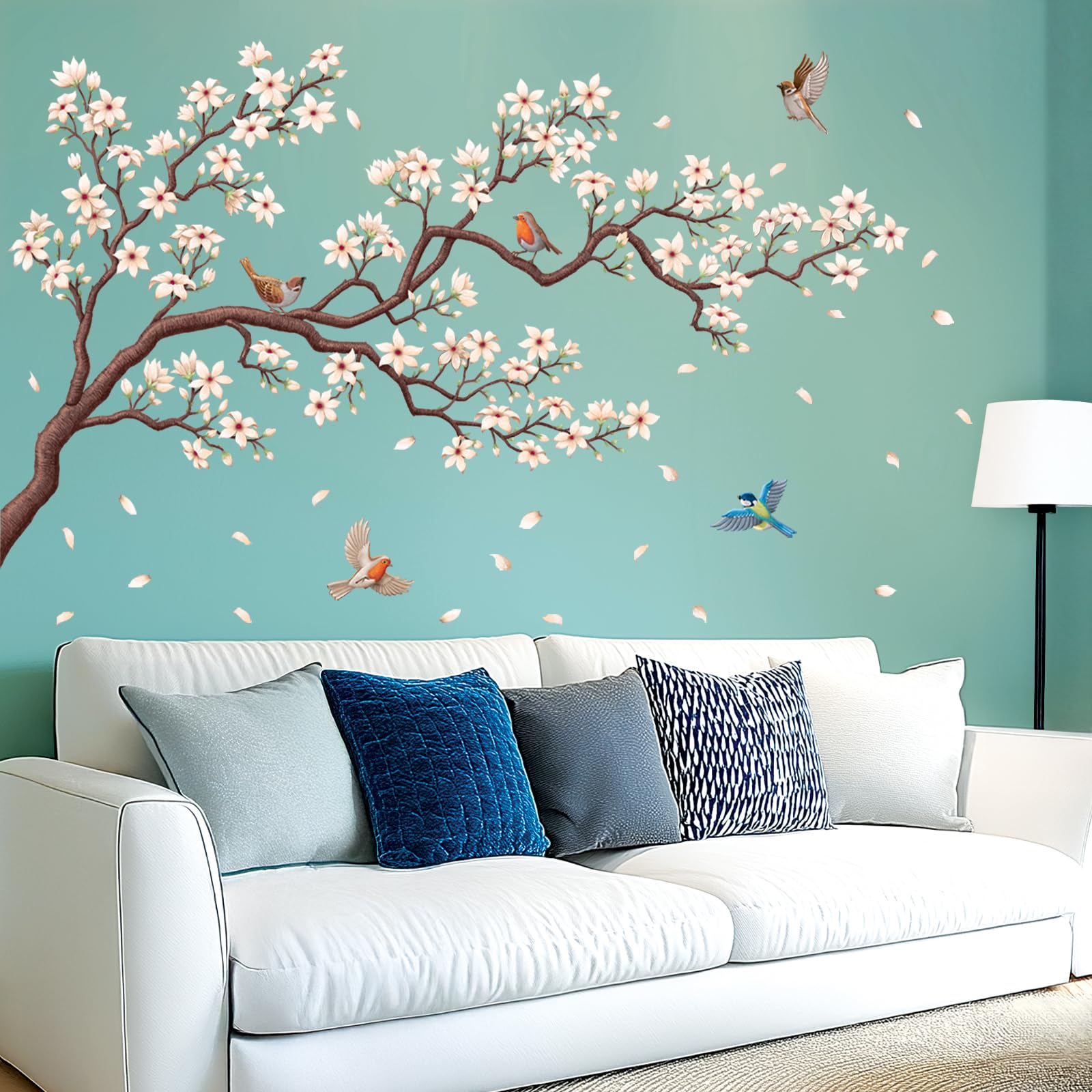 DECOWALL White Blossom Tree Wall Stickers Birds on Flower Branch Wall Decals Removable for Bedroom Living Room Art Home Decor (SG2-2424)