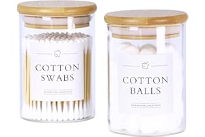 INIUNIK 2 Pack Qtip Holder Dispenser - Glass Apothecary Jars with Lids, Cotton Ball Pad Swab Round Holder, Bamboo Bathroom Accessories, Bathroom Organizers Containers Jars Canisters with Lids