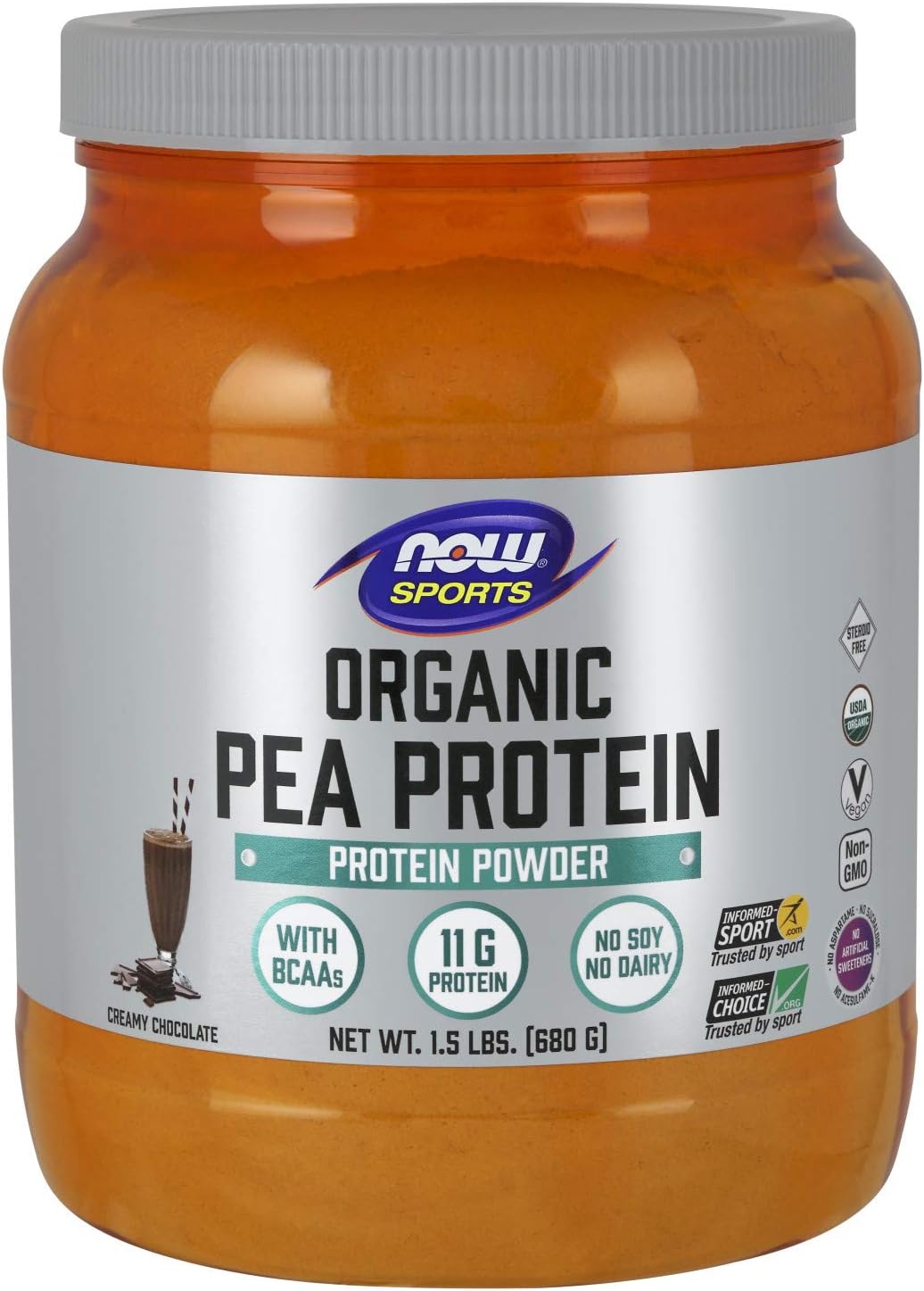 NOW Sports Nutrition, Certified Organic Pea Protein, 11G With BCAAs, Creamy Chocolate Powder, 1.5-Pound: Health & Personal Care