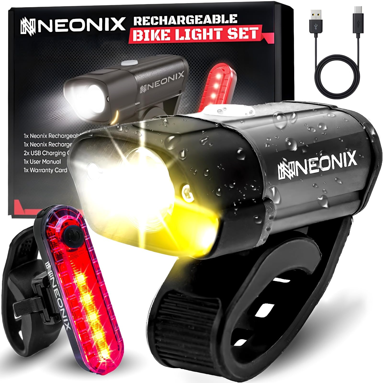 Neonix Bike Lights Front And Back, Super Bright 5 Light Modes Bicycle Lights, IPX5 Waterproof Cycle Lights, Super LED Rechargeable Bike Light Set Easy to Install for Mountain Riding