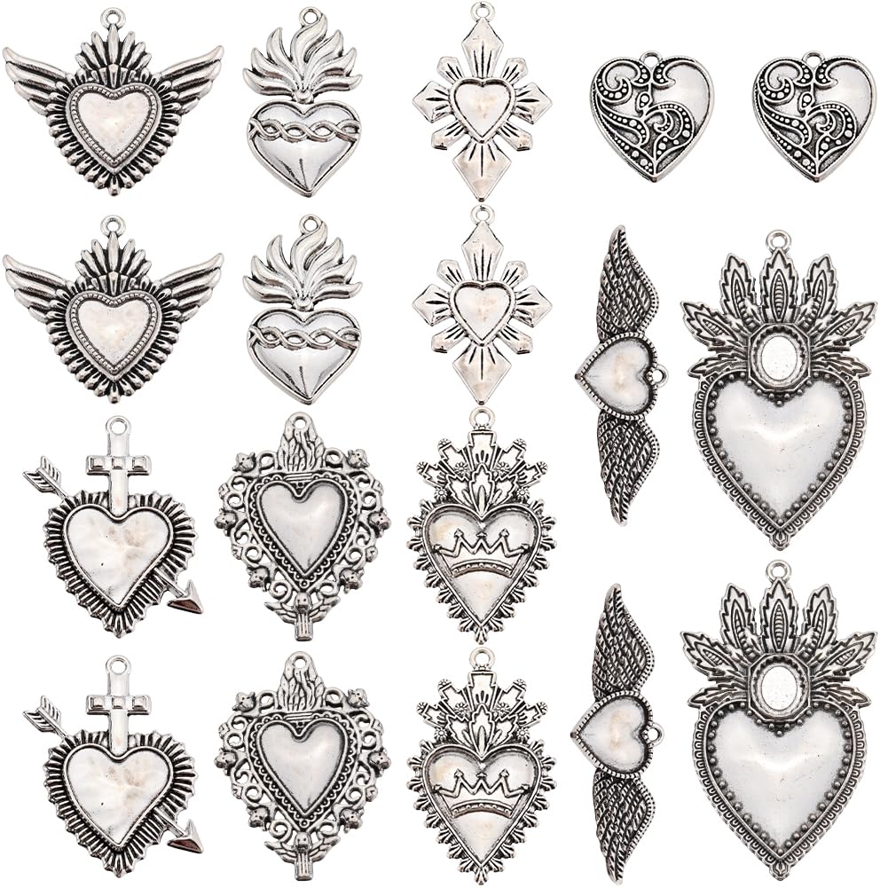 SUNNYCLUE 1 BOX 18Pcs 9 Stlyes Sacred Heart Charms Gothic Charms Bulk Horror Wing Alloy Ancient Silver Tibetan Style Vintage Arrow Roll Plating Charms for jewellery Making Charms Necklace Bracelet Adu