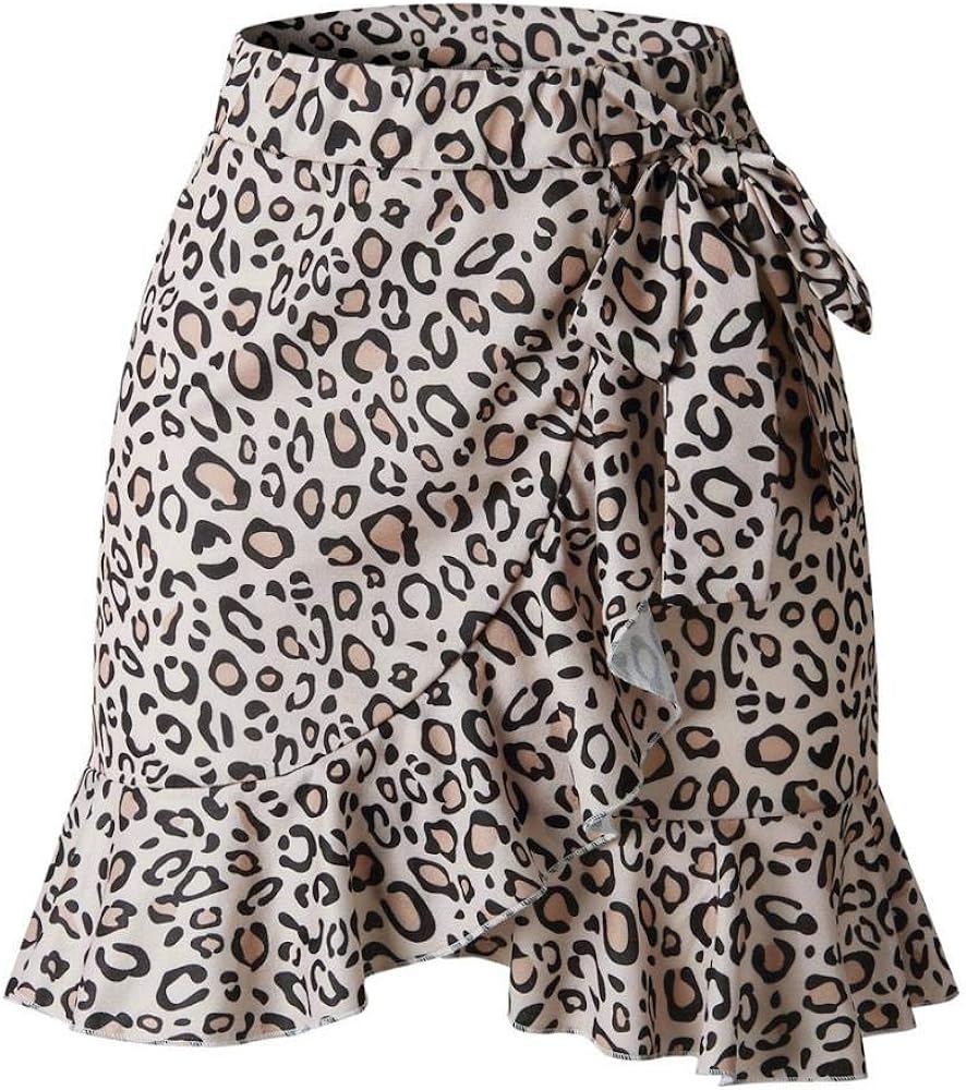 Women's Leopard Asymmetrical Ruffles High Waist Printed Cute Summer Casual Mini Skirt: Clothing