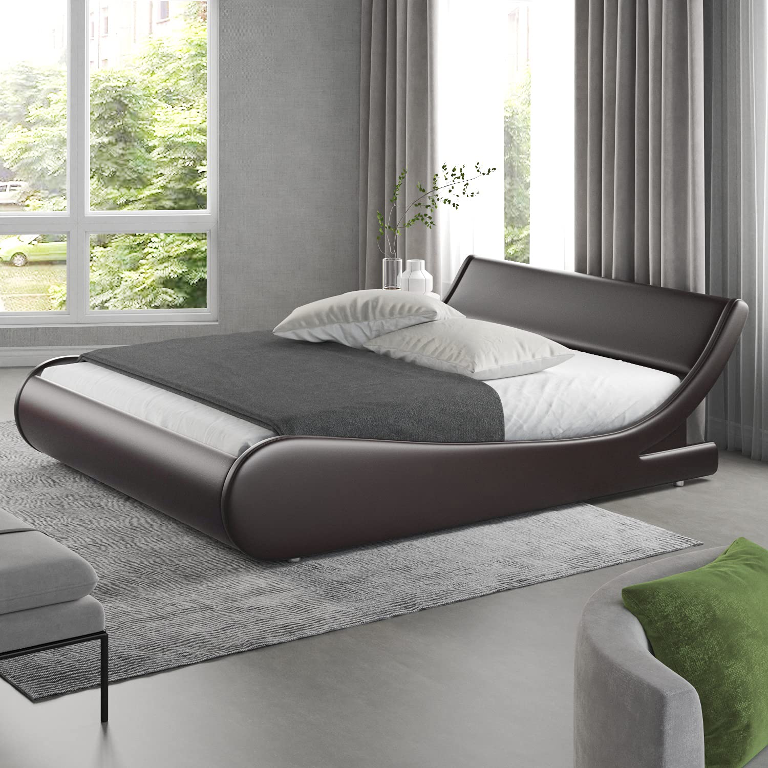 Allewie Modern Deluxe Faux Leather King Size Platform Bed Frame With Curved Adjustable Headboard Wooden Slats Support Fully Upholstered Mattress Foundation Fully Brown Amazon In Furniture Modern King Size Platform Bed Frame