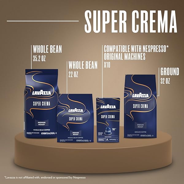 LAVAZZA SUPER CREMA WHOLE BEAN COFFEE, MEDIUM ESPRESSO ROAST, ARABICA AND ROBUSTA BLEND, 2.2 LB BAG, PACKAGE MAY VARY (PACK OF 1)