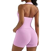 OMKAGI 2 Piece Workout Sets for Women Halter Sports Bra Tank Gym Biker Shorts Outfits