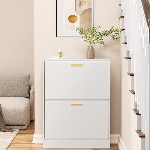 RESOM 2-Tier White Shoe Cabinet with Flip Drawers, Narrow Shoe