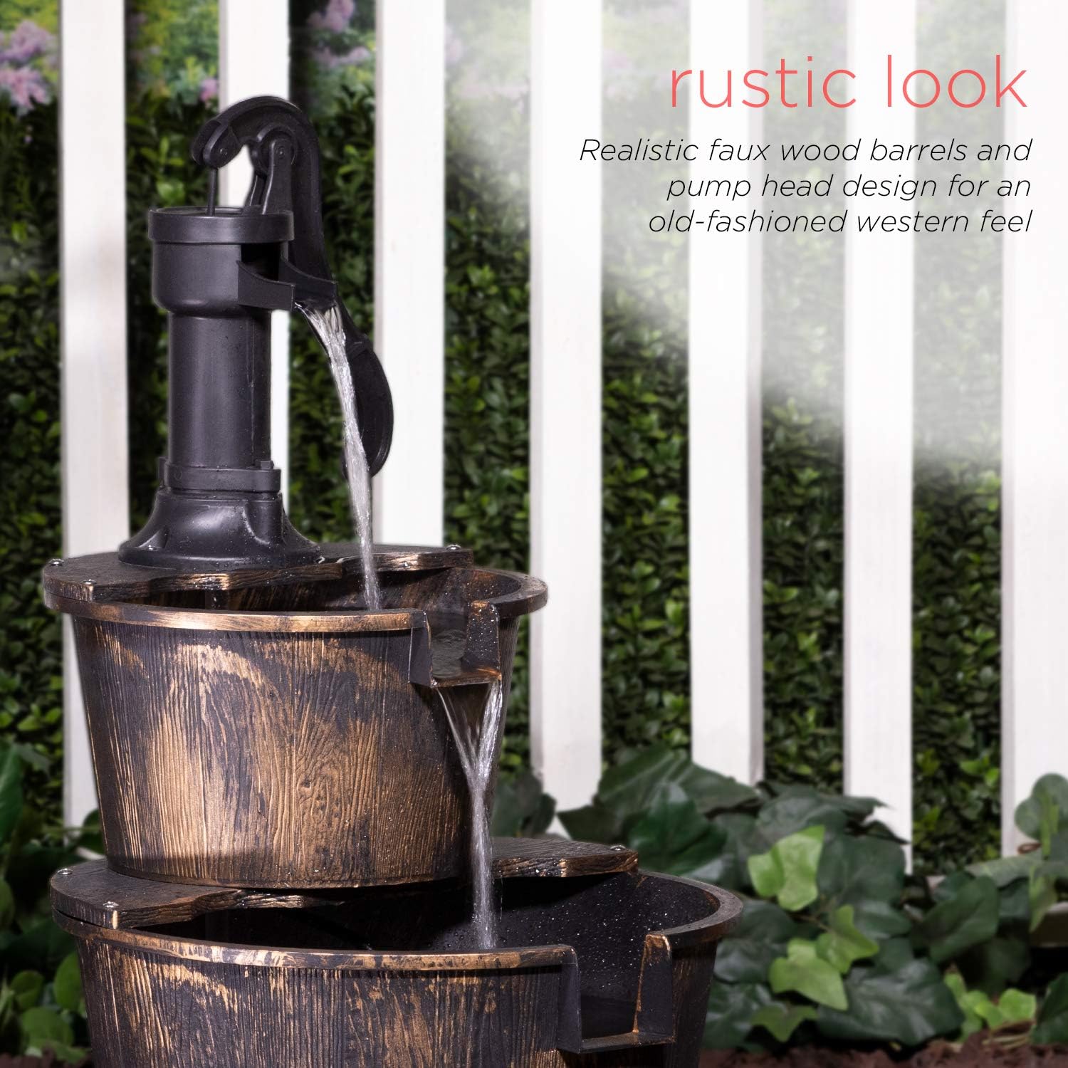 Alpine Corporation TIZ194BZ Alpine 2-Tier Rustic Pump Barrel Waterfall for Garden, Patio, Deck, Porch-Yard Art Decor Outdoor Water Fountain, Gray : Indoor Fountains : Garden & Outdoor