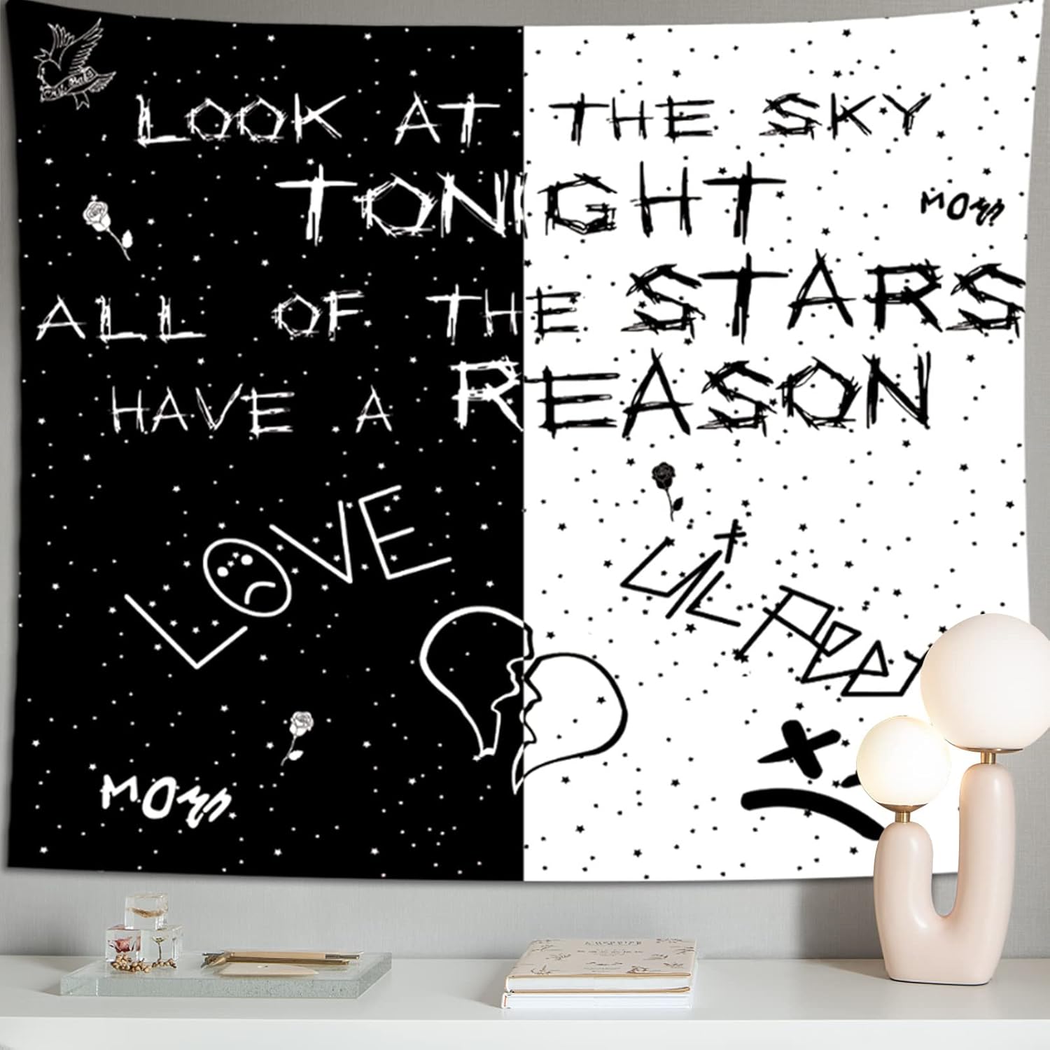 Tapestries - Lil Peep Tapestry for Bedroom Aesthetic Juice WRLD Rapper Tapestry Black and White Rose Floral Tapestries Funny Heart Bird Posters Wall Hanging for Classroom Dorm Living Room Decor (51''×60'')