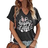 PUCKOLITY Happy Easter V Neck Shirts for Women Cute Easter Bunny Rabbit Eggs Graphic T-Shirt Holiday Christian Shirt Tops