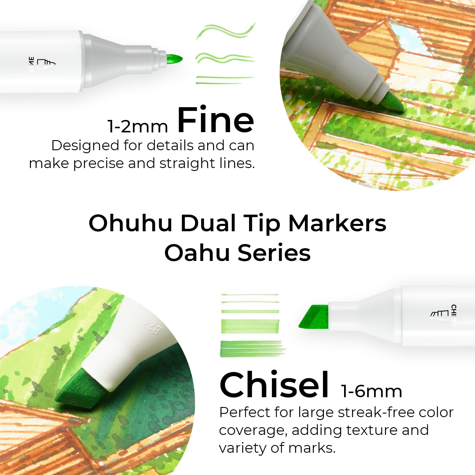 Ohuhu Alcohol Markers Double Tipped Art Marker Set for Artists Adults Coloring Sketch Illustration - Chisel & Fine Dual Tips - 100 Colors - Oahu Series of Ohuhu Markers - Refillable Ink