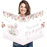 SULICRE Large Baby Shower Cards for Girl, 22 x 14 inch Pink Elephant Giant Greeting Card with Envelope for BB Shower Decorations, Oh Baby It's a Girl Jumbo Gender Reveal Guest Book Party Supplies