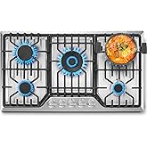 Amzgachfktch Gas Cooktop 36 inch with 5 Italy Sabaf Sealed Burners, Max 48,300 BTU Built-in Gas Stove Top, Propane Cooktop with 304 Stainless Steel Panel, NG/LPG Convertible, CSA Certified