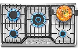 Amzgachfktch Gas Cooktop 36 inch with 5 Italy Sabaf Sealed Burners, Max 48,300 BTU Built-in Gas Stove Top, Propane Cooktop with 304 Stainless Steel Panel, NG/LPG Convertible, CSA Certified