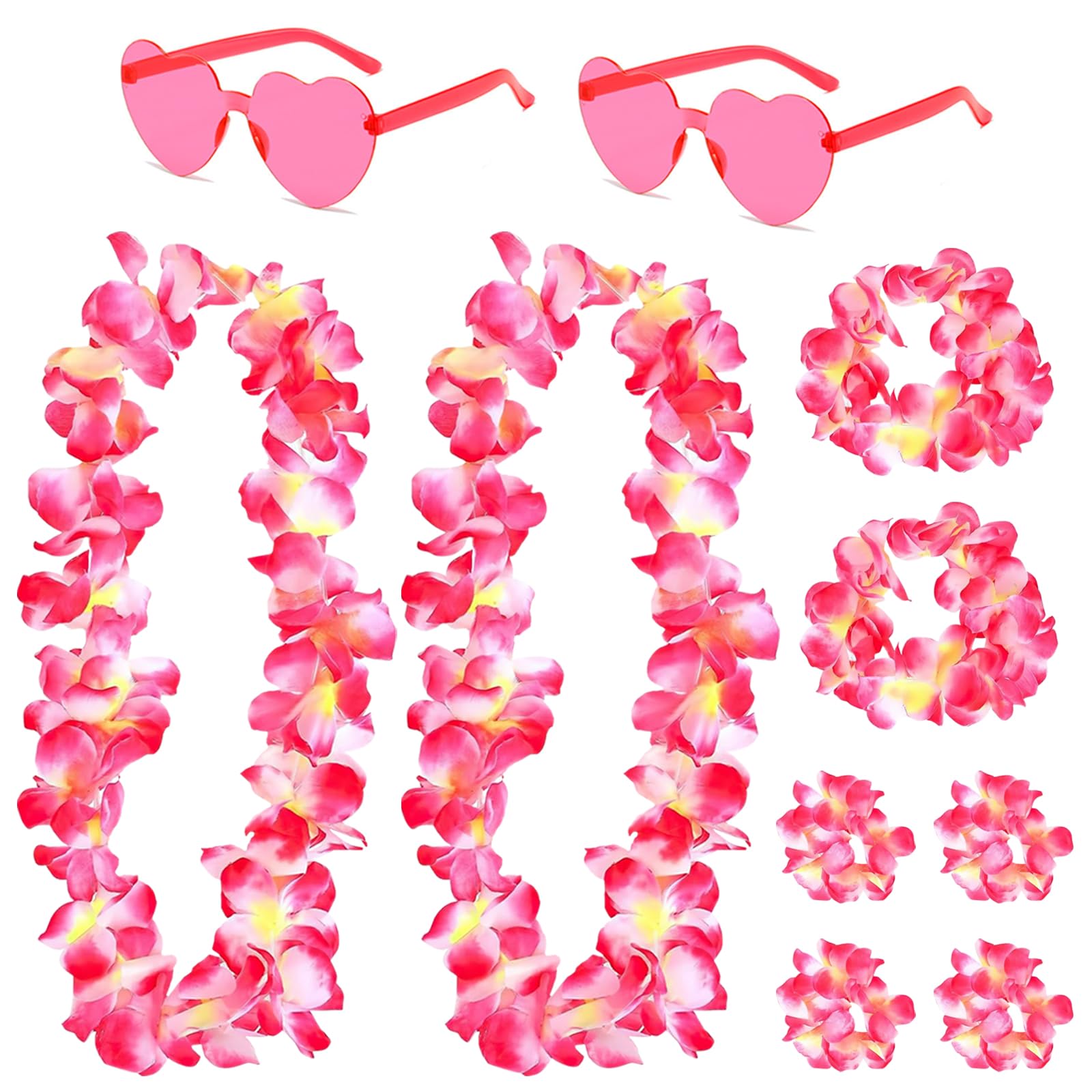 DAVBNM 2 Set Hawaiian Leis, Flower Garland, Flower Necklace, Headband Garland Hand Garlands Heart Sunglasses, for Themed Tropical Party Decorations Adults Kids