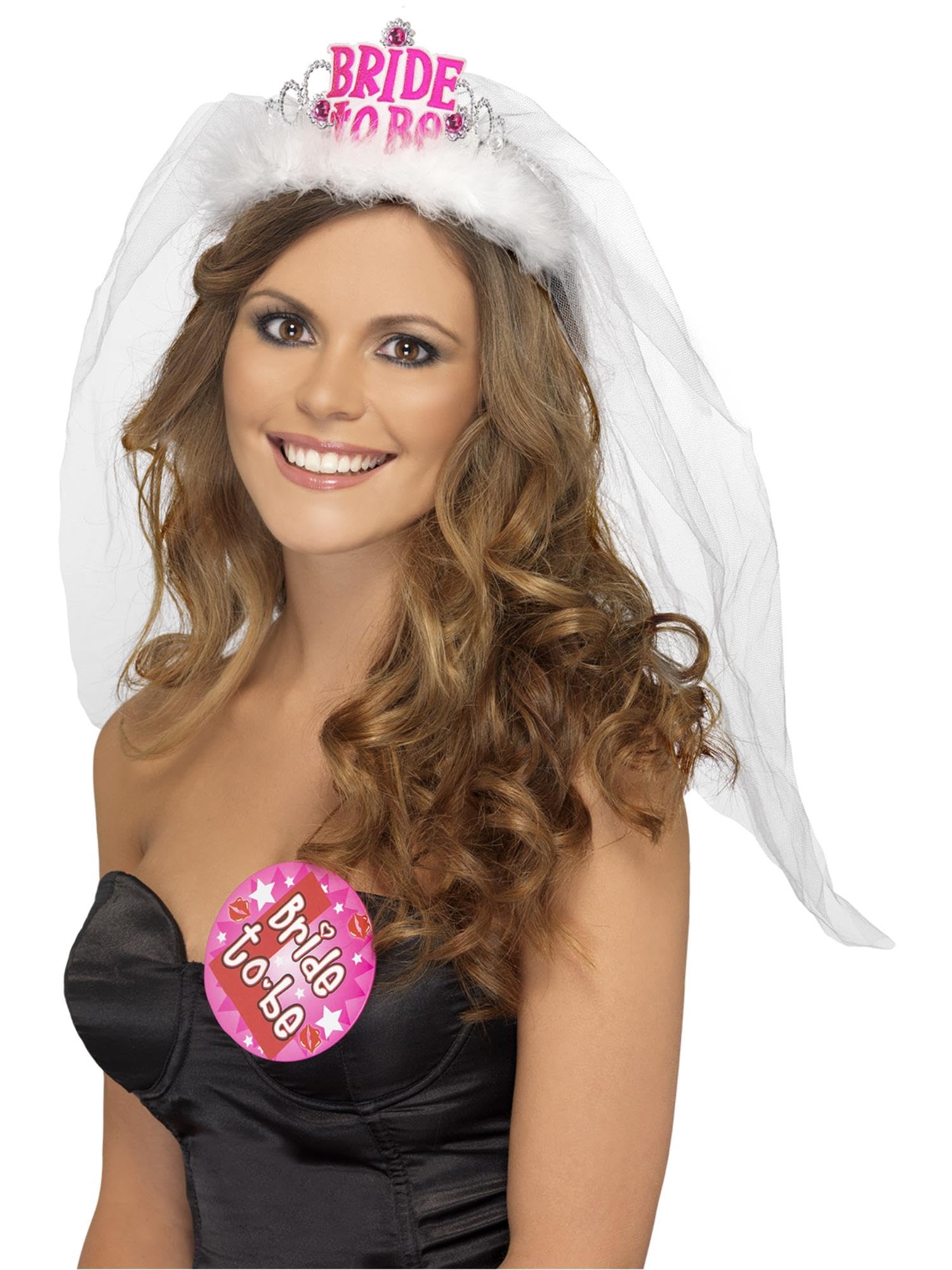 Smiffys Bride to Be Tiara with Veil, White with Pink Lettering, Hen & Stag Night Fancy Dress, Adult Dress Up Accessories