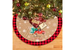 COWDIY Christmas Tree Skirt, 48 Inch Red Truck Xmas Tree Skirt with Red Black Buffalo Plaid Edge, Rustic Vintage Farmhouse Christmas Decoration Ornaments for Merry Christmas Holiday Party
