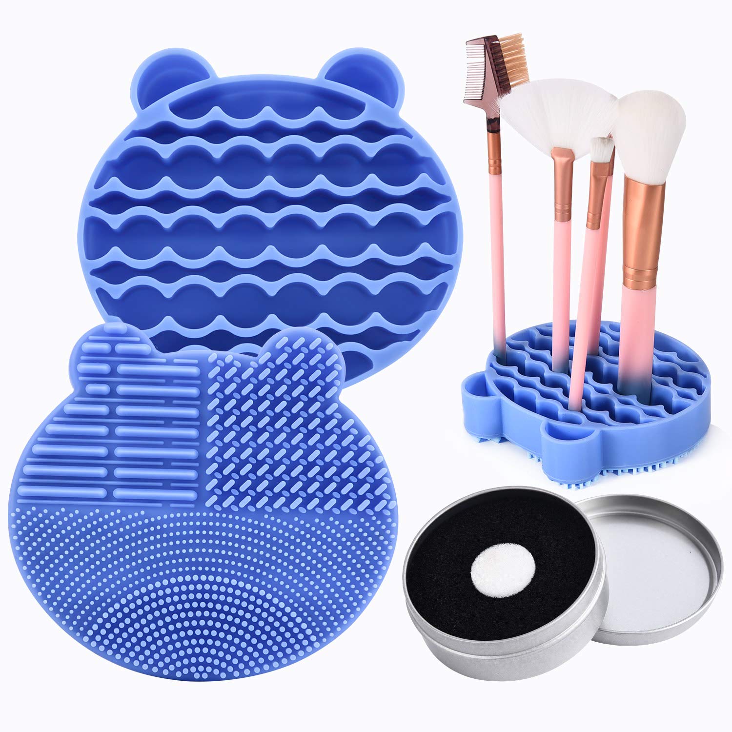 Silicon Makeup Brush Cleaning Mat with Brushes Drying Holder Portable Bear Shaped Cosmetic Brush Cleaner Pad+ Makeup Brush Dry Cleaned Quick Color Removal Sponge Scrubber Tool (Blue)