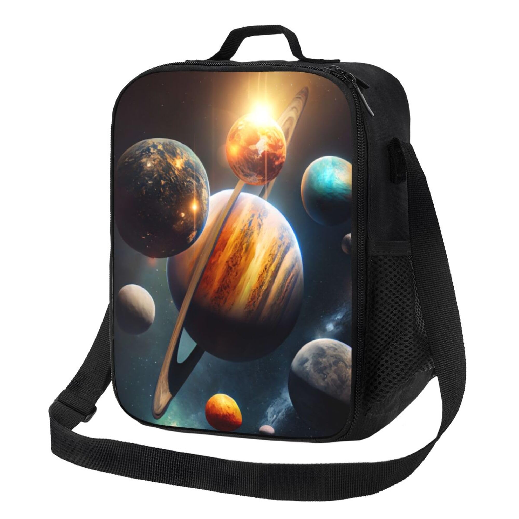 Gaakvrr Galaxy Solar System Kids Lunch Box, Planets in Outer Space Lunch Bags for Boys Girls Reusable Portable Waterproof Lunch Bags with Adjustable Shoulder Strap and Side Pocket