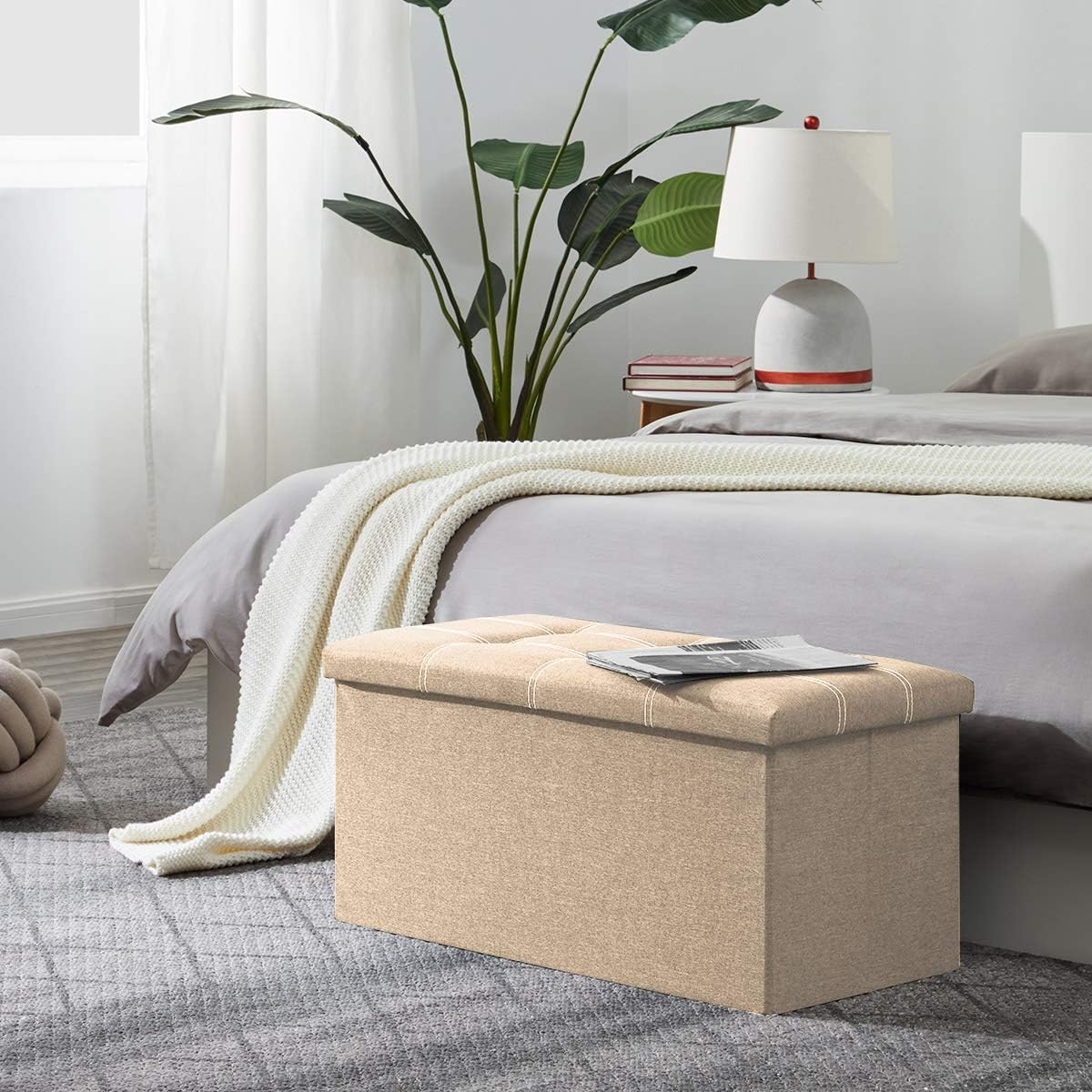 YOUDENOVA 30 inches Storage Ottoman Bench, Foldable Footrest Shoe Bench with 80L Storage Space, End of Bed Storage Seat, Support 350lbs, Linen Fabric Beige: Kitchen & Dining