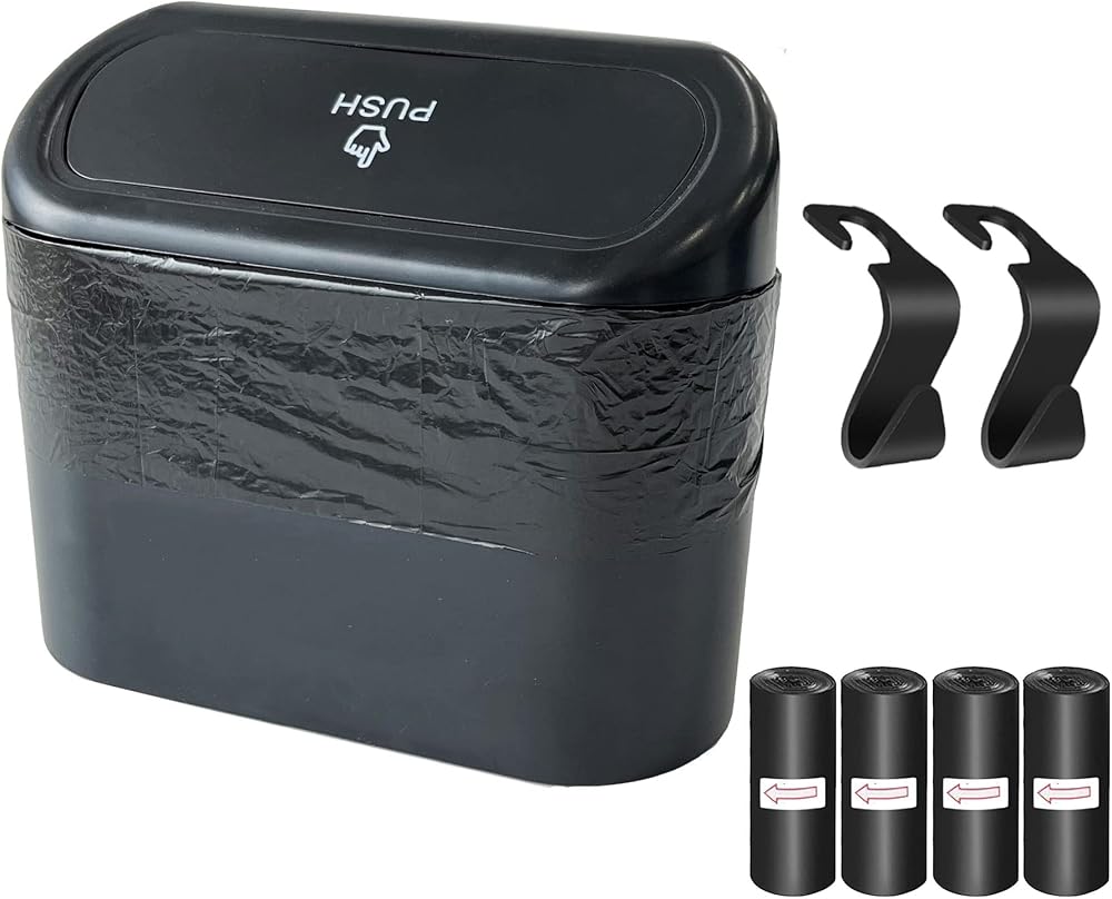 Kitbest Mini Car Trash Can with Lid 60 Bags 2 Car Hooks Dustbin Organizer