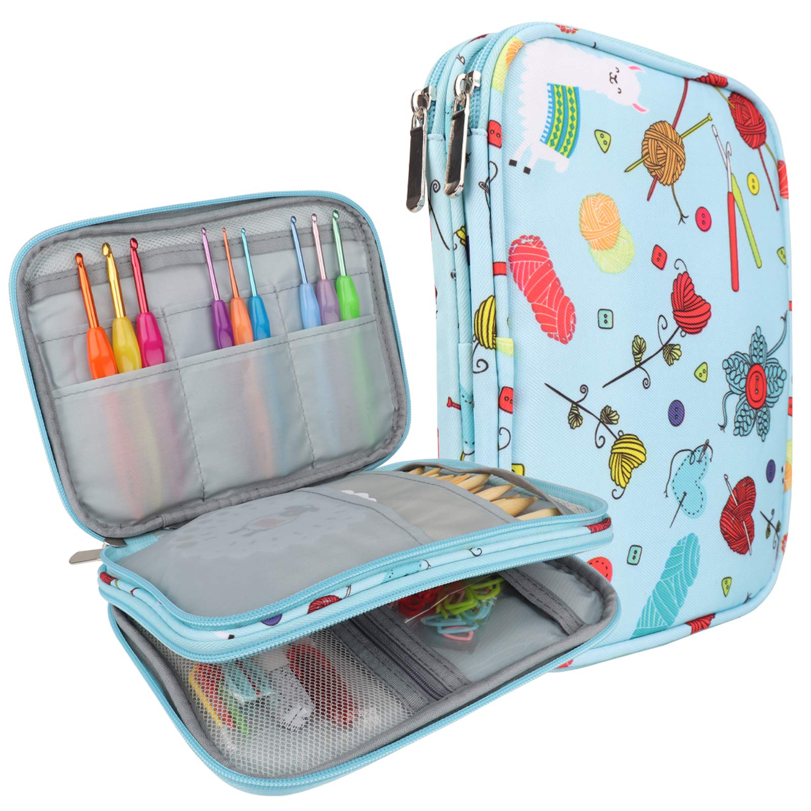 Coopay Crochet Hook Case, Cable Knitting Needles Holder, Zippered Storage Bag for Ergonomic Aluminum Crochet Hooks Rubber Handles, Accessories Organiser, Sky Blue