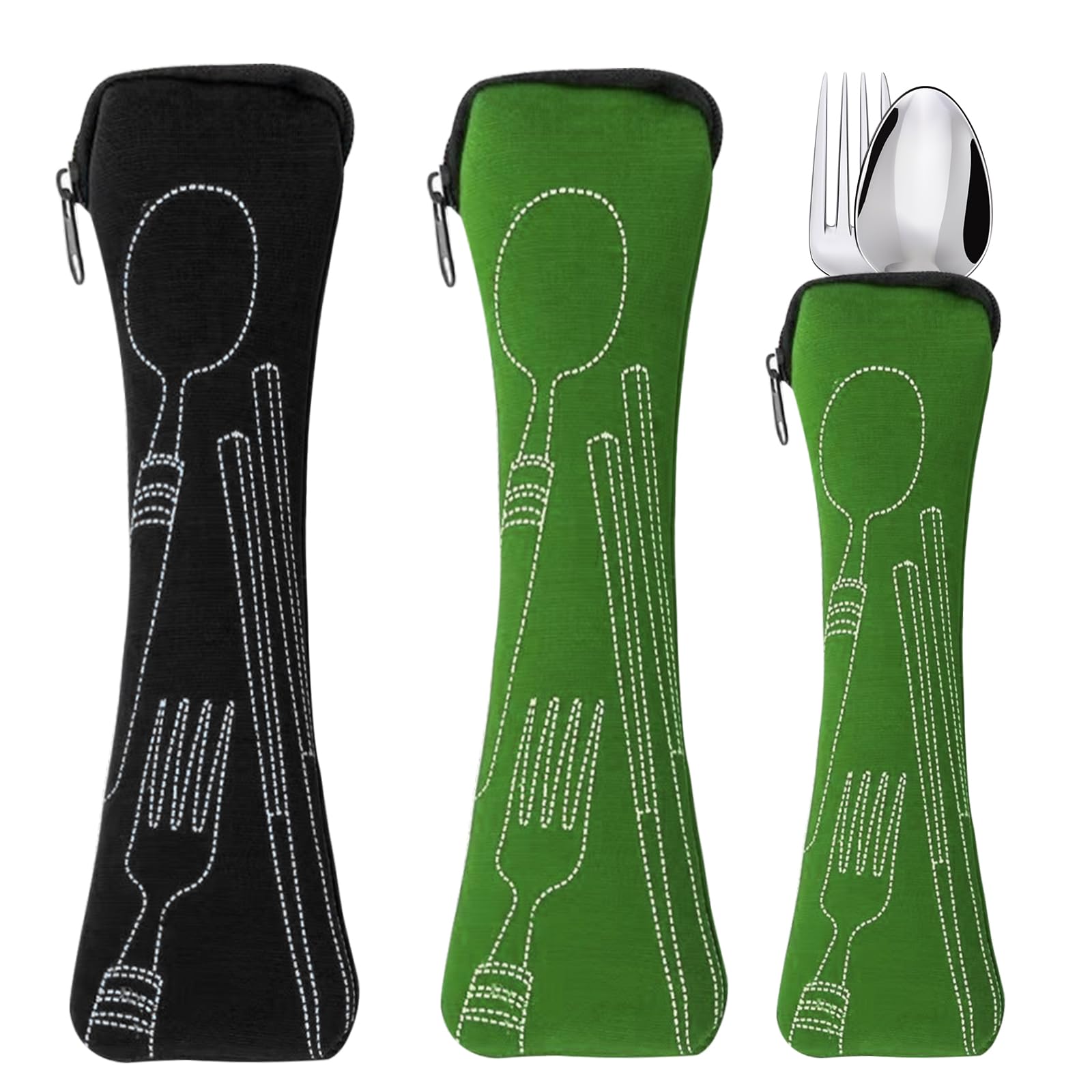 Empty Cutlery Bag, 2 Piece Long Cutlery Pouch with Zip Portable Cutlery Case for Work School Camping Picnic Travel -Green, Black