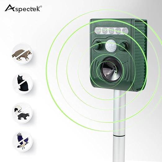 Aspectek - Effective Solar Battery Powered Ultrasonic Oudoor Pest and Animal Repeller, Pest and Animal Control Rodent, Raccoon, Deer, Birds, Cats, Dogs, Mice Repellent - Motion Activated