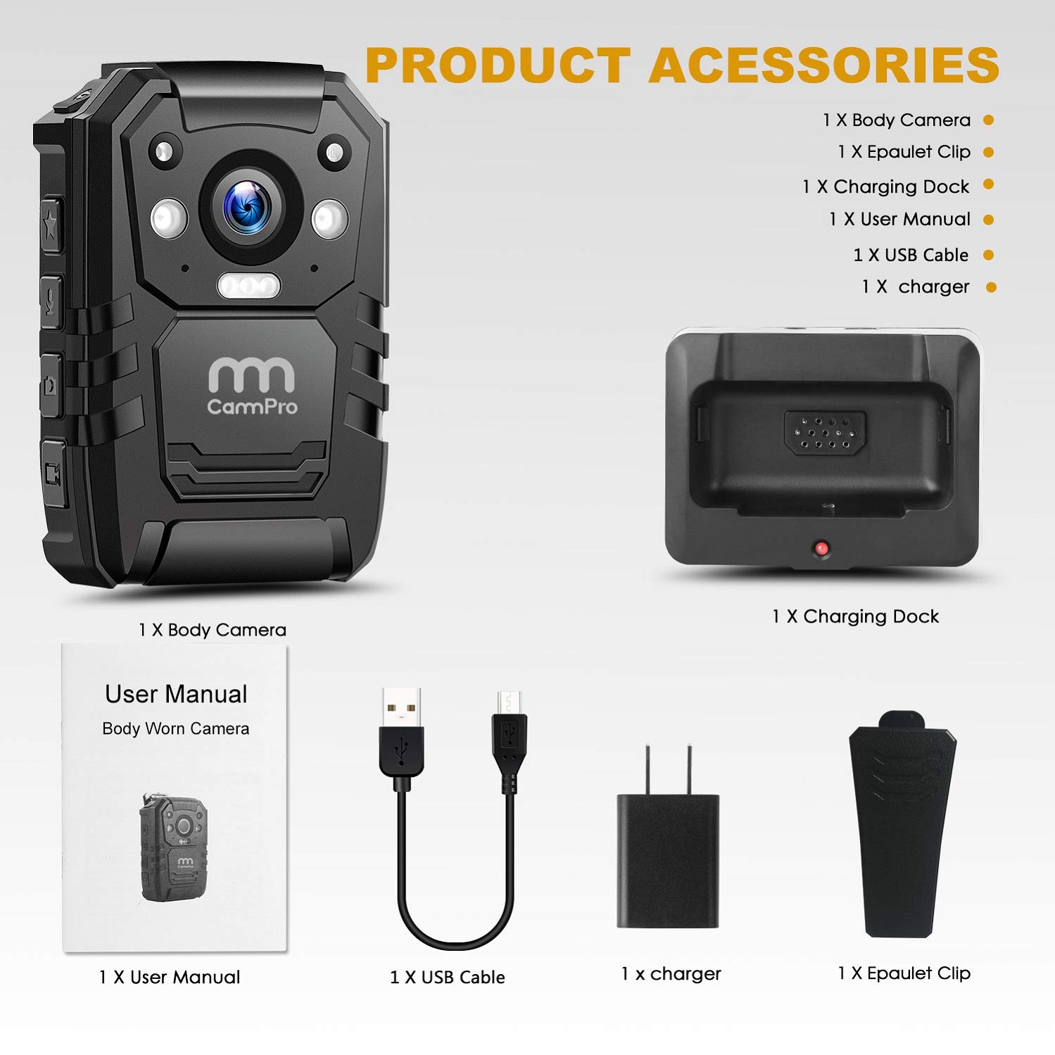 1296P HD Police Body Camera,128G Memory,CammPro Premium Portable Body Camera,Waterproof Body-Worn Camera with 2 Inch Display,Night Vision,GPS for Law Enforcement Recorder,Security Guards,Personal Use