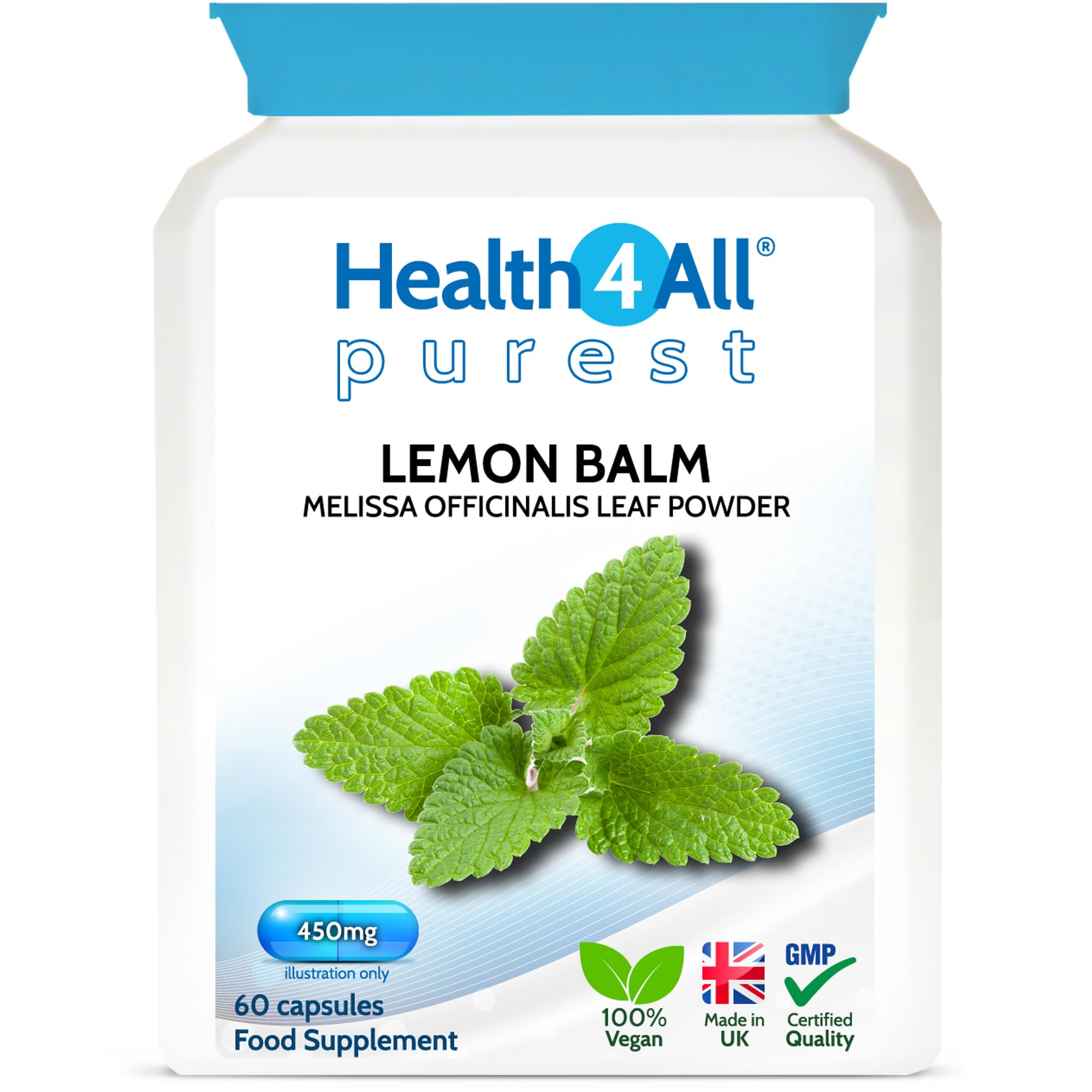 Health4All Lemon Balm 450mg 60 Capsules, Melissa for Anxiety & Stress During the Day, Purest Supplement, Additives Free | Vegan Capsules (not Tablets) Made in UK